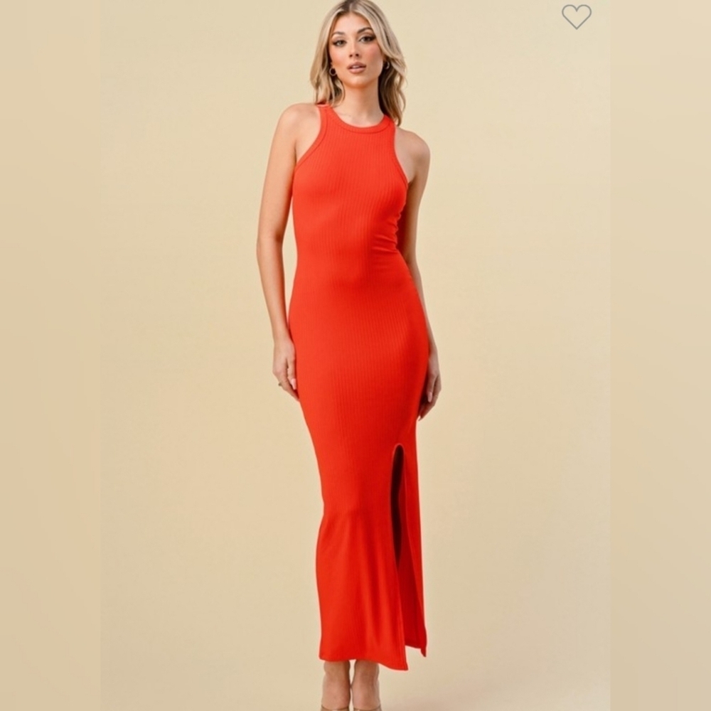 Ribbed Tank Maxi Dress  Racerback Bodycon Dress Crew Neck Side Slit